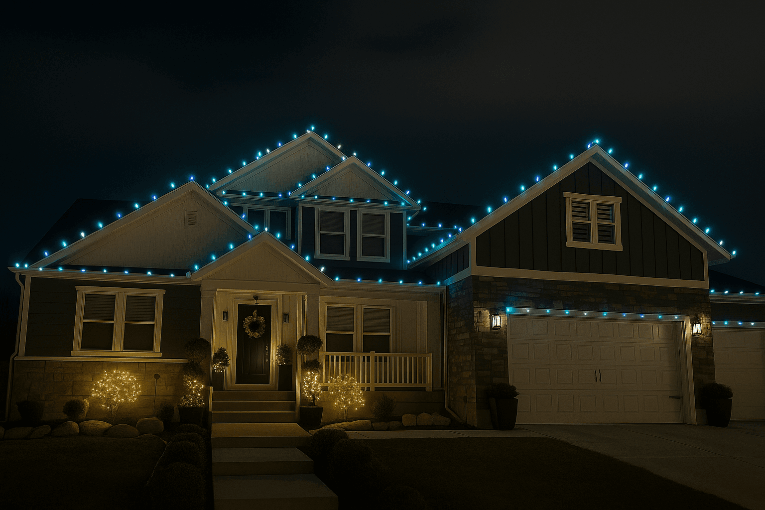 Home lit with Frozen Christmas lights