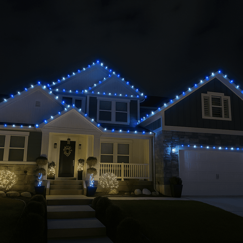 Home lit with Modern Teal Christmas lights