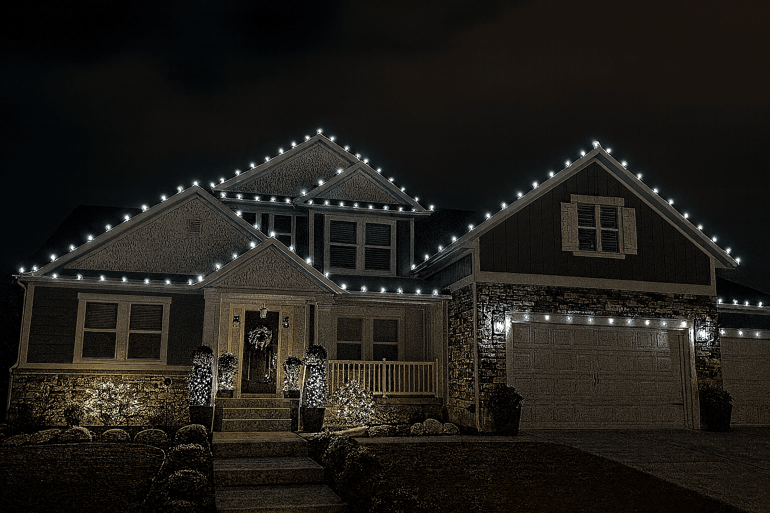 Home lit with Pure White Christmas lights