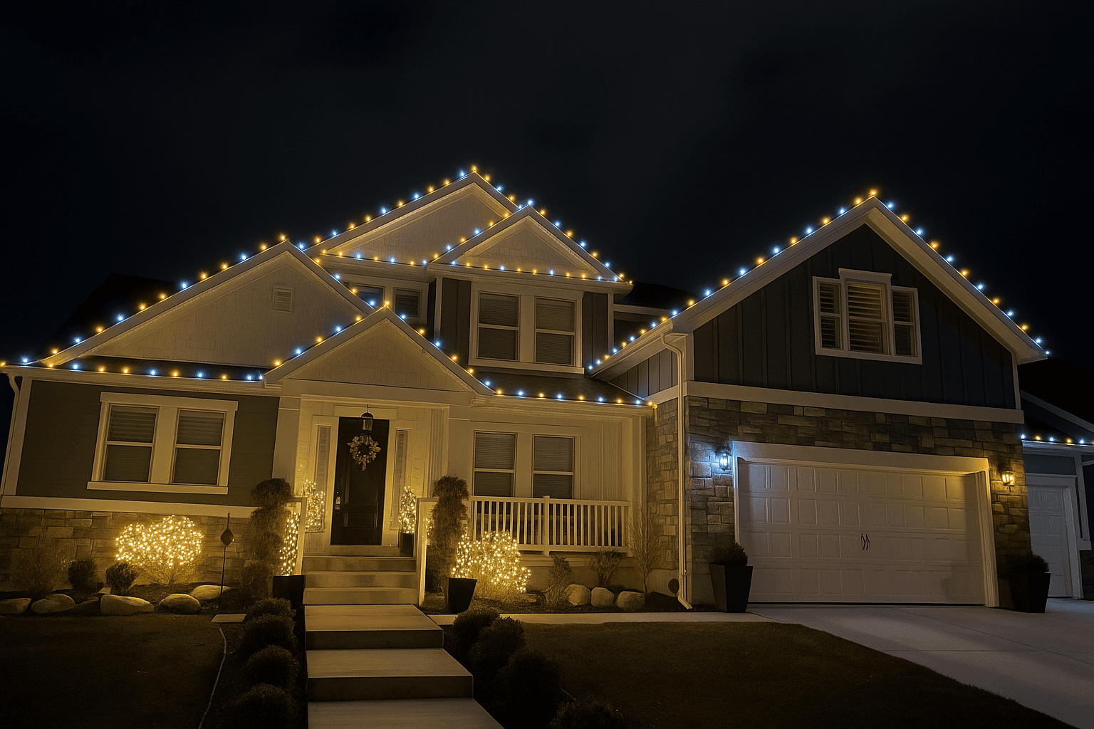 Home lit with Champagne Christmas lights
