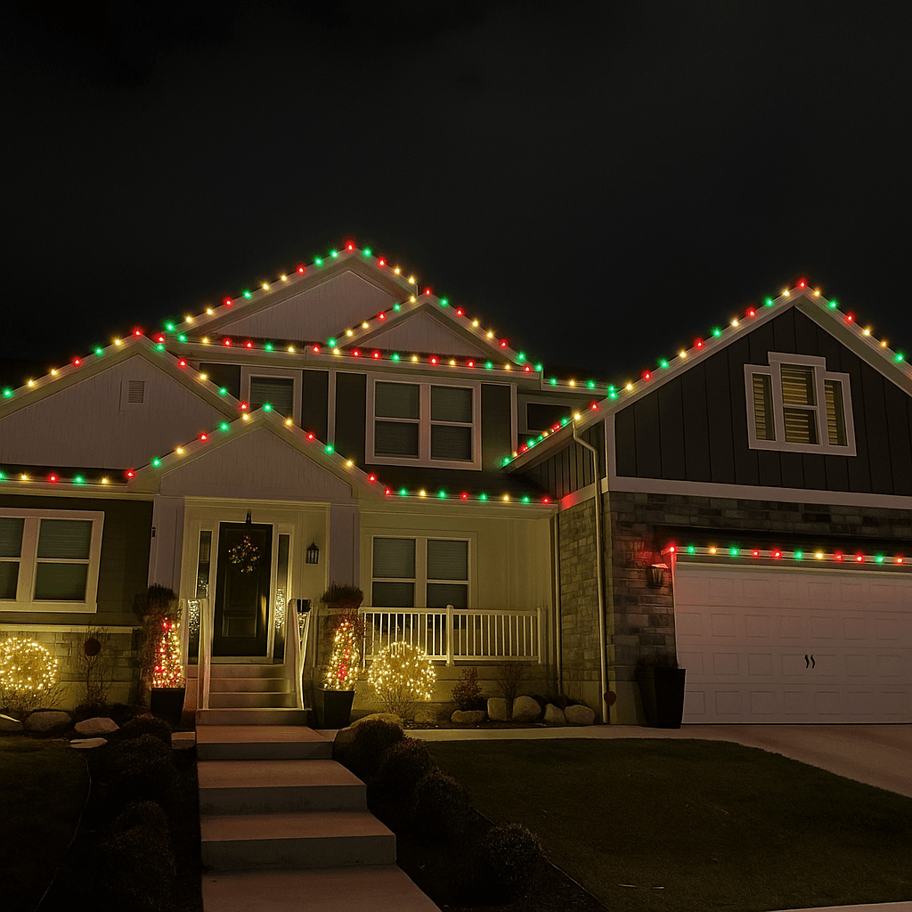 Home lit with Traditional Christmas Christmas lights