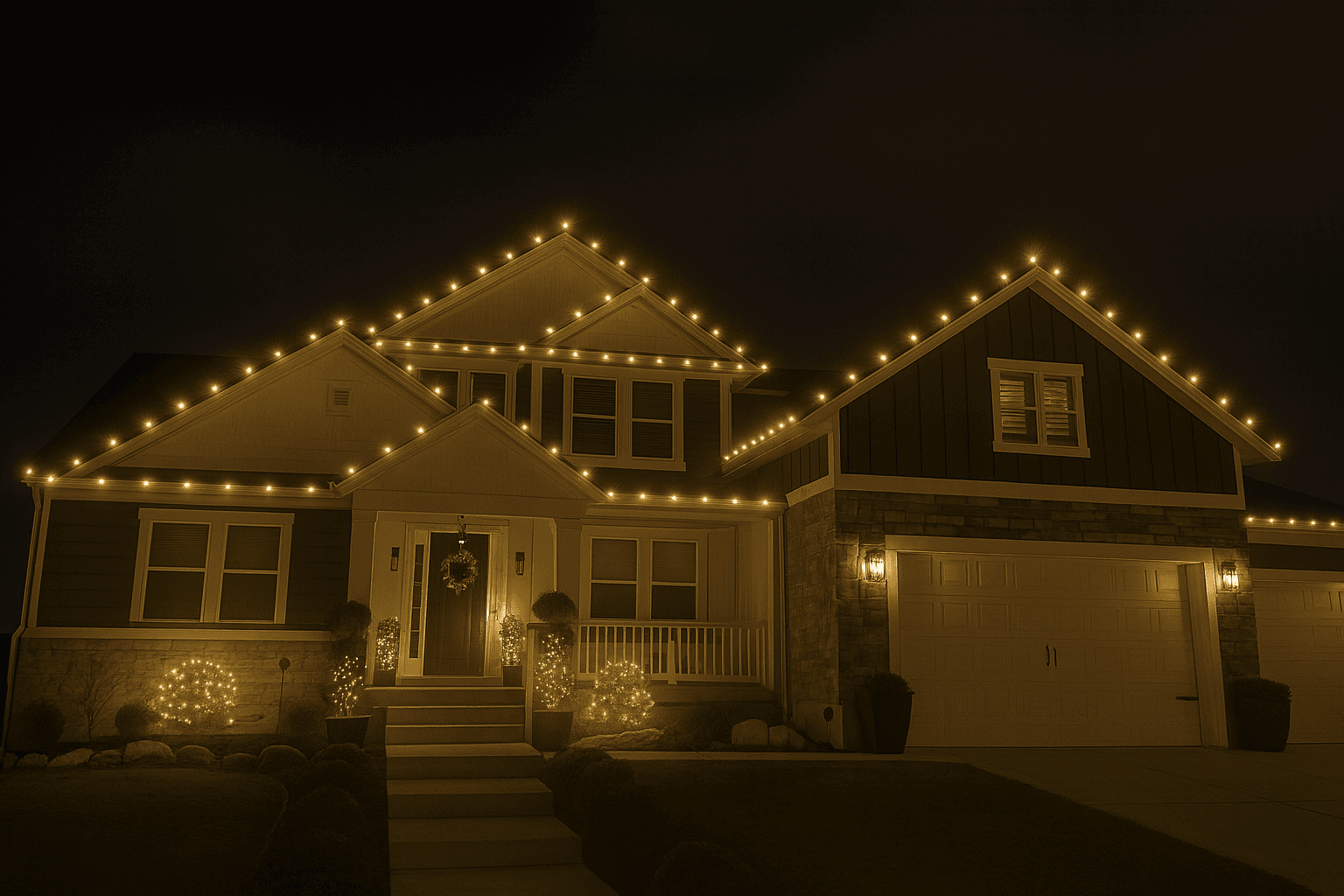 Home lit with Classic Warm White Christmas lights